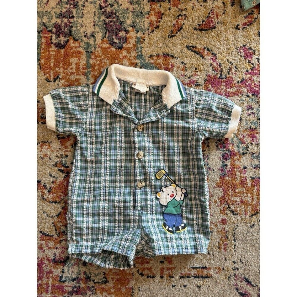 Baby Togs 6-9 Month Collared Golf Bear Romper Plaid 1990s